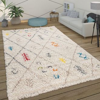 Paco Home Paco Home Shaggy a pelo alto da soggiorno con rombi scandinavi, beige, blu, rosso e giallo 200x290 cm
