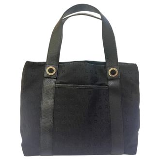 Bulgari Logomania Black Leather Canvas Handbag Tote Bag (Pre-Owned)