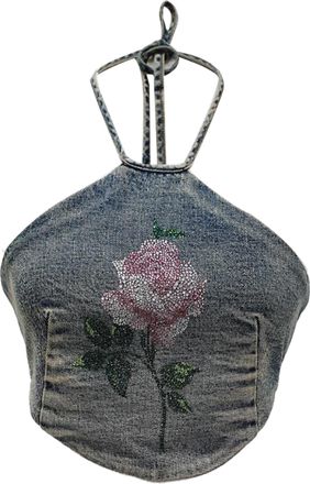 Alessandra Rich Alessanra Rich Crystal-Embellished Halter Crop Top in Denim Blue Cotton