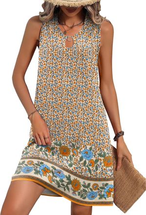 Zeagoo Womens Retro Printed Sleeveless Dress Crew Neck A-Line Flared Hem Summer Coverup Dress Beach Dress
