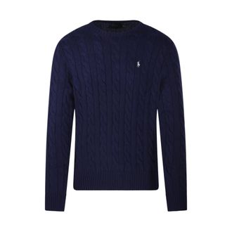 Ralph Lauren Round-neck Knitwear, male, Blue, Size: XL Cable-Knit Sweater