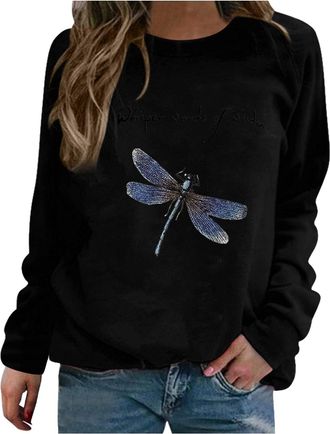 Generic Sweatshirts for Women Autumn Winter Casual Pullover Blouses Tops Womens Crewneck Printed Long Sleeve Jumpers Loose Sportswear Size 10-20 UK Black