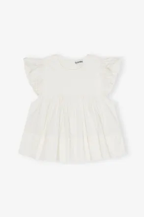 Ganni White Stretch Cotton Frill Sleeve Top - Size 10/12 Organic