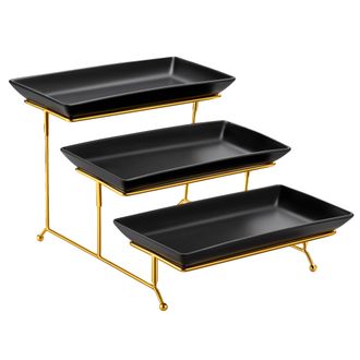 OEM Bandeja De Servir, Material Cer&aacute;mico, Soporte Plegable Resistente, Color Negro Y Dorado, 35,5 Cm (14 Pulgadas)