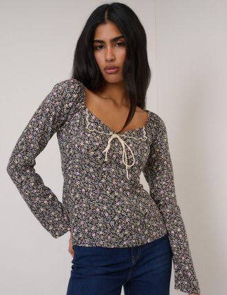Nobody's Child Black Floral Bow Front Top