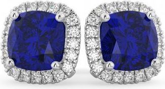 Allurez Halo Cushion Lab Blue Sapphire & Diamond Earrings 14k White Gold (4.04ct)