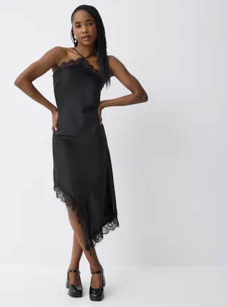 Twik Asymmetrical black satin lace slip dress