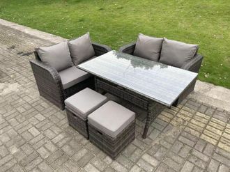 Fimous 6 Seater Dark Grey PE Rattan Garden Furniture Set Love Sofa 2 Seater Sofa Set Outdoor Rectangular Dining Table