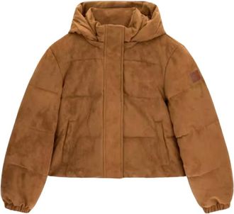 Guess Cropped Pufferjack van su&egrave;delook - Dames - Jassen - Bruin - Maat: S Su&egrave;de