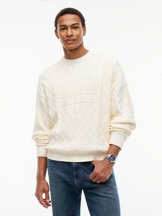 Tommy Hilfiger Mens Tommy Jeans Flag Logo Cable Knit Sweater - Cream - L