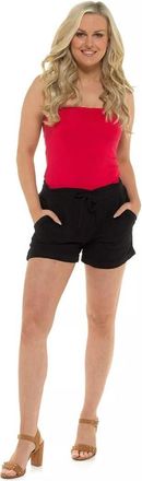 Generic Indigo ROC | Ladies Linen Blend Summer Pull On Shorts Lightweight Ribbed Stretch Waist Cotton Shorts (UK, Numeric, 16, Regular, Regular, Black)