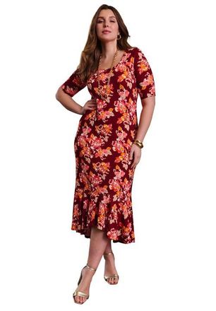 Jessica London Stretch Knit Flounce Hem Maxi Dress in Burgundy Bold Floral at Nordstrom, Size 22