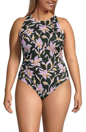 Lands End Tugless High Neck Portrait Back One Piece Swimsuit in Tropic Floral/rich Olive at Nordstrom, Size 18W