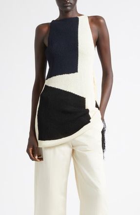 Proenza Schouler Saskia Colorblock Intarsia Textured Fringe Midi Sweater in Sand Multi at Nordstrom, Size Medium
