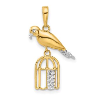 Diamond2Deal 14k Yellow Gold White Rhodium Diamond-Cut Bird on Bird Cage Pendant