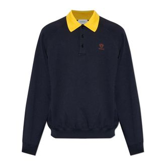 Versace Polo Shirts, male, Blue, Size: 2XL Cotton Polo Shirt with Embroidered Logo