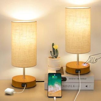 OEM Juego De 2 L&aacute;mparas De Mesilla De Noche Regulables Con Funci&oacute;n T&aacute;ctil Y Puertos De Carga Usb
