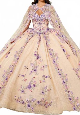 Rachel Allan Embroidered Cold Shoulder Ballgown In Champange/multi