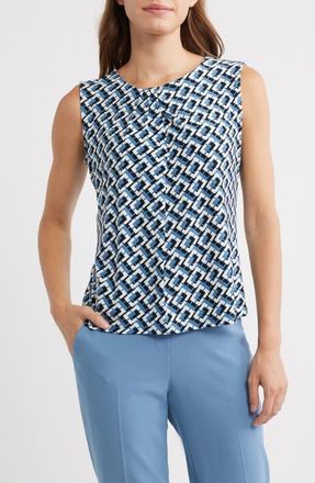 Anne Klein Geometric Print Pleated Neck Shell in Dutch Blue Multi at Nordstrom, Size Xx-Small