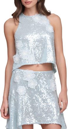 Avec Les Filles A-Line Sequin Floral Appliqu&eacute; Crop Top in Ice Blue at Nordstrom, Size X-Small