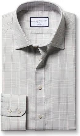 CHARLES TYRWHITT Non-Iron Twill Prince Of Wales Checkered Cotton Formal Shirt - Silver Grey Single Cuff Size 15.5/33 by Charles Tyrwhitt
