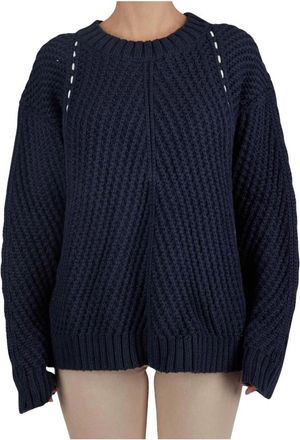 Kiton Textured Cotton Silk Crewneck Sweater - Dames - Ronde hals truien - Blauw - XL - Katoen - Truien & Vesten
