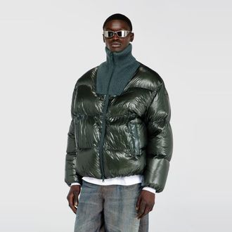 Diesel Down puffer jacket in ripstop with ribbed collar - Winter Jackets - Man - Green
