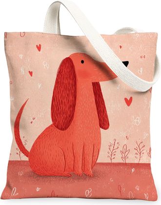 Generic Fanciful Dog Canvas Tote Bags, Cute Animal Illustration Reusable Grocery Bags, Lightweight Washable Shoulder Strap Canvas F, Red, 13x15 Inch