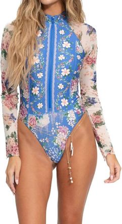 Agua Bendita Monti Ivy Long Sleeve Zip One-Piece Swimsuit In Blue Pattern