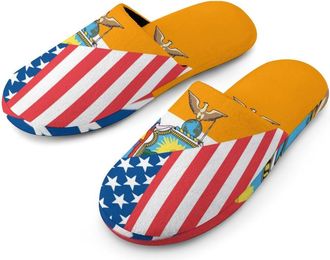 Generic U.S. And New York State Flag Mens Slippers Flannel Warm House Shoes with Rubber Anti-Slip Sole Slip On for Home Outdoor