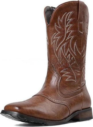 Generic Mens Flat Heel Western Cowboy Boots Pull on Mid-Calf Boots with Embroidery Stitched Round Toe PU Leather Long Boot,Brown,6.5 UK