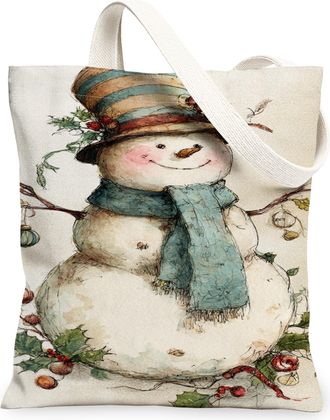 Generic Christmas Snow Man Canvas Tote Bags, Holiday Decorative Reusable Grocery Bags, Vintage Lightweight Washable Shoulder Strap, White, 13x15 Inch
