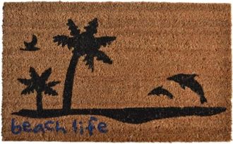 Imports Decor Beach Life Coir Door Mat, Natural Coconut Fiber Doormat with Palm Tree & Dolphin Design, Non-Slip PVC Backing Indoor Outdoor Entrance Rug