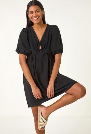 Roman Ring Detail V-Neck Gathered Dress