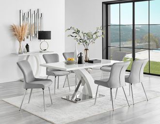 Furniturebox Atlanta 6 White Dining Table & 6 Nora Silver Leg Chairs in Light Grey