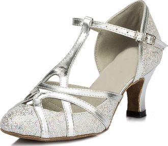 Minitoo Womens Latin Salsa T-Strap Closed Toe Synthetic Ballroom Dance Shoes Evening Wedding Pumps QJ6133 Silver 6cm Heel UK 5.5