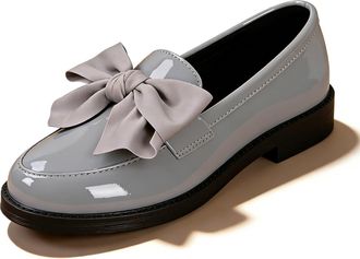 Generic Bow Loafers for Women Patent Penny Chunky Loafer Wide Width Elegant Casual Comfortable Dress Shoes for Work (Grey,7.5)