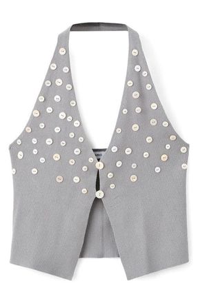 Mango Button Embellished Plunge Neck Halter Tank in Medium Heather Grey at Nordstrom, Size Small