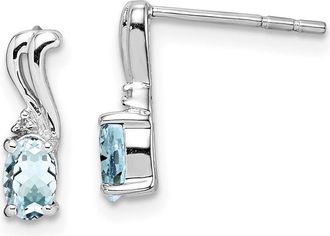Diamond2Deal Sterling Silver Rhodium Plated Dia. & Aquamarine Oval Earrings