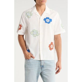 Wax London Didicot Floral Appliqu&eacute; Cotton & Linen Camp Shirt in Ecru /Multi at Nordstrom, Size X-Large
