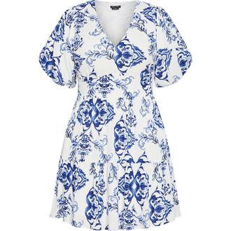 City Chic Winslow Print Puff Sleeve Dress in Willow Bird at Nordstrom, Size Xxxs