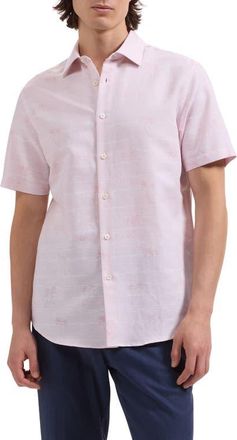 Bugatchi Orson Short Sleeve Cotton & Linen Button-Up Shirt in Dusty Pink at Nordstrom, Size Xxx-Large