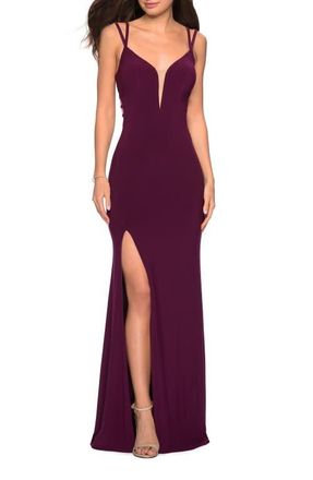 La Femme Sultry Long Dress with Intricate Strappy Back in Dark Berry at Nordstrom, Size 10