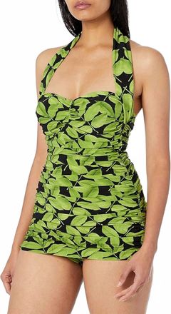 Norma Kamali Tree Print Halter Ruched One Piece Swimsuit In Multi