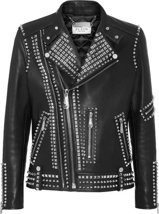 Philipp Plein Leather Biker Studs - Heren - Leren en Su&egrave;de Jassen - Zwart - S - Leer - Jassen