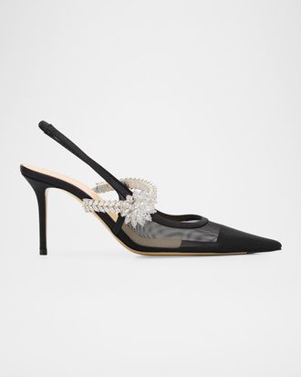 Mach & Mach Embellished Lotus Flower Mesh Slingback Pumps