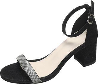 Generic European Style Women High Heeled Sandals Open Toe Hollow Out Design Solid Color Straight Buckle Oversized Square Toe Platform (Black, 5.5)