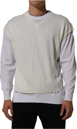 Dolce & Gabbana Crewneck Gelaagde Pullover Trui - Heren - Spencers - Wit - M - Katoen - Truien & Vesten