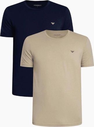 Emporio Armani Mens Cotton 2-Pack Round Neck Eagle Logo Navy/Beige T-Shirt - Tan - Size: 36