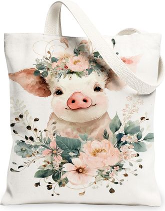 Generic Floral Pigs Canvas Tote Bags, Vintage Animal Pattern Reusable Grocery Bags, Lightweight Washable Shoulder Strap Canvas for, White, 13x15 Inch